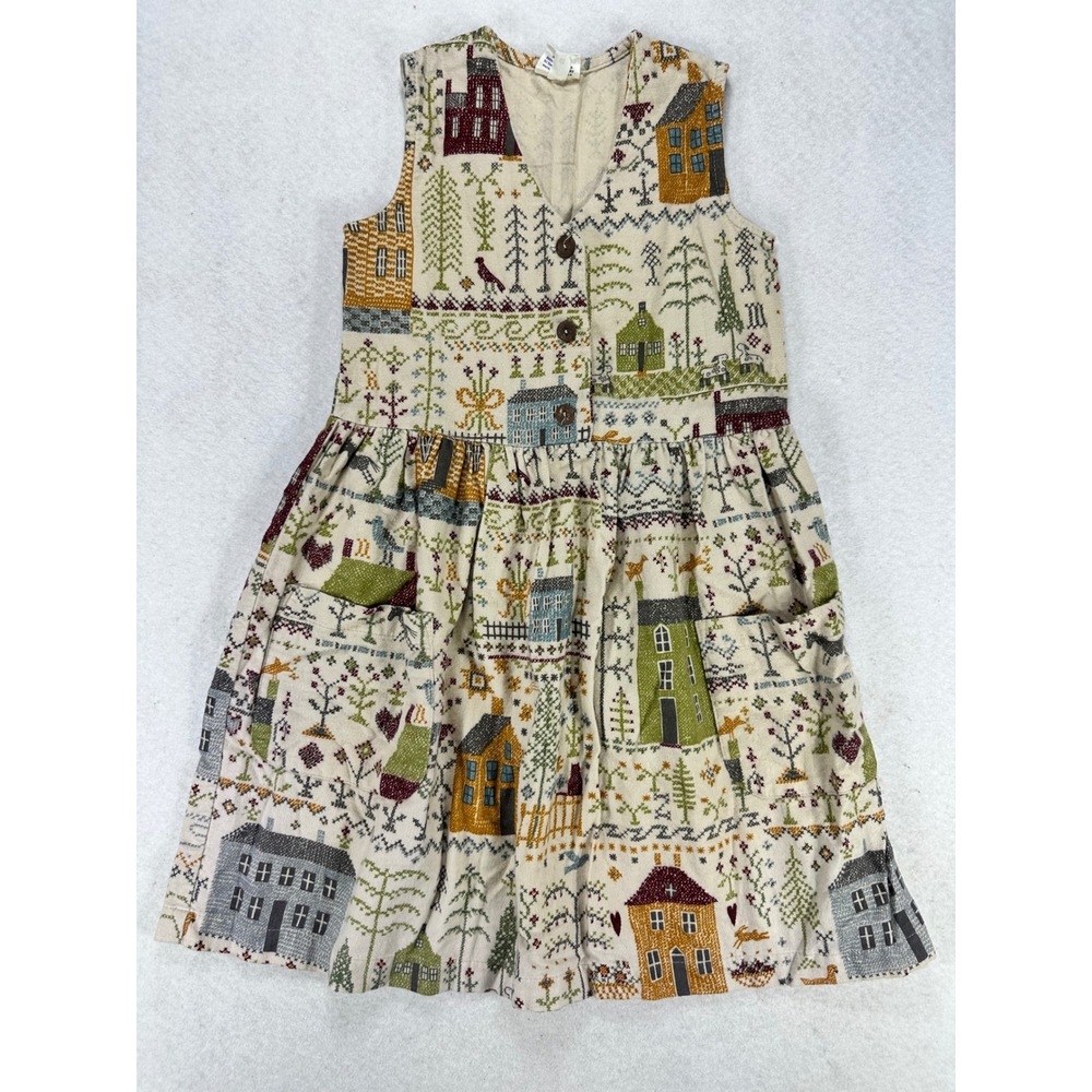 Vintage JoVonnie Girls Sampler Print Dress Size 6X Cotton Cottagecore Houses USA